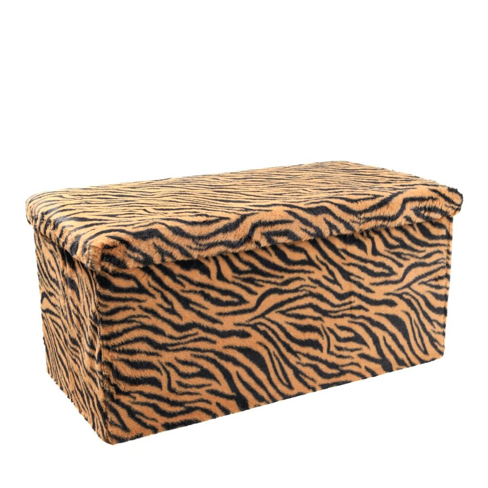 Go-Poufs Knock-Down Rectangular Faux Fur Storage Ottoman | Tiger Tan/White - Picture 2 of 8